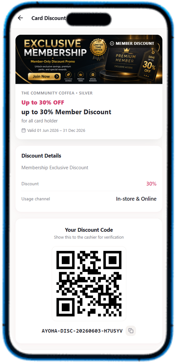 Ayoha Engage member discount screen