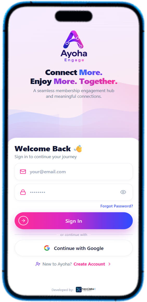 Ayoha Engage sign in screen
