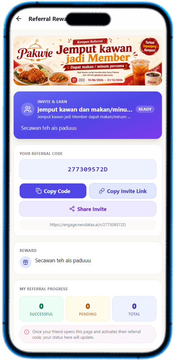 Ayoha Engage referral loyalty programme screen