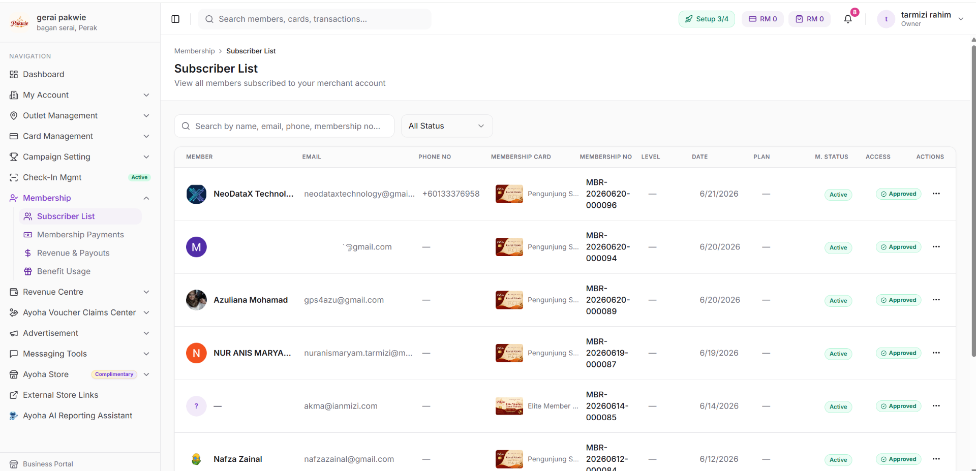 Subscriber list in Ayoha Momentum