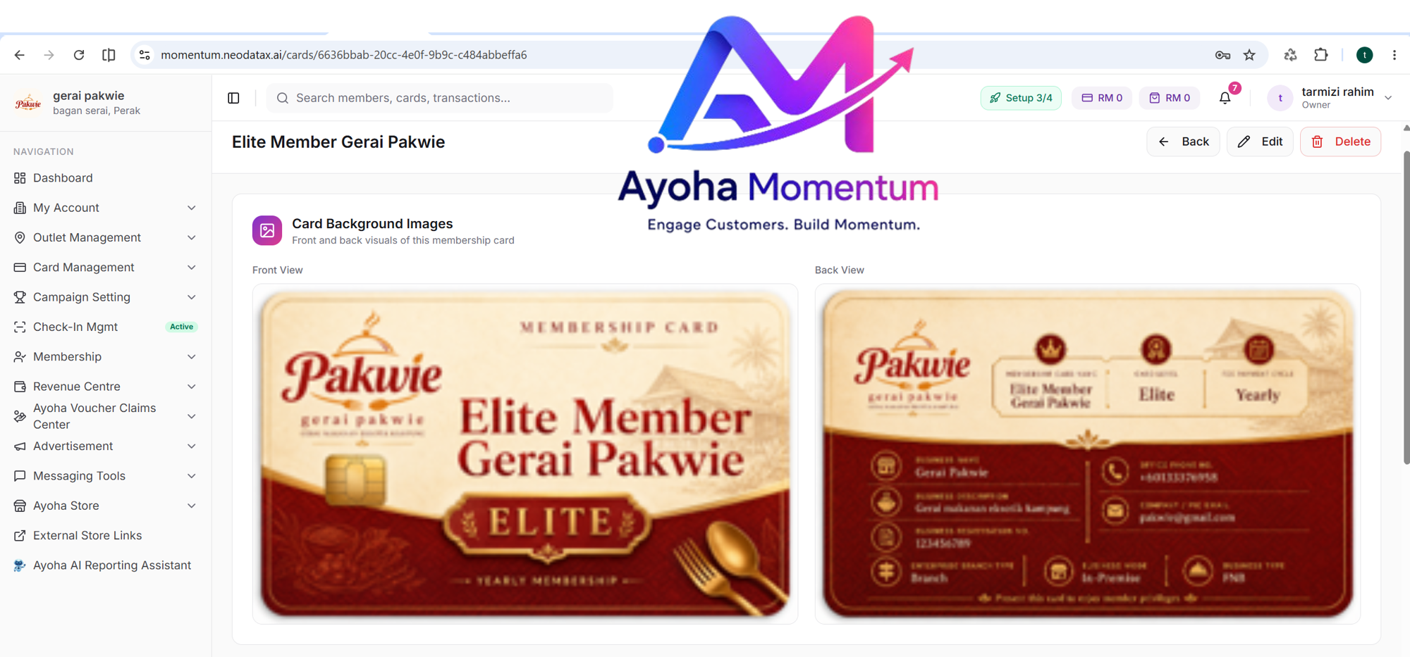 Create a membership card inside Ayoha Momentum