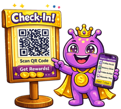 Ayoha mascot pointing at a Check-In QR code