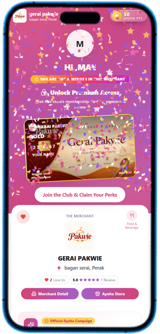 Ayoha Engage — merchant membership card unlock screen